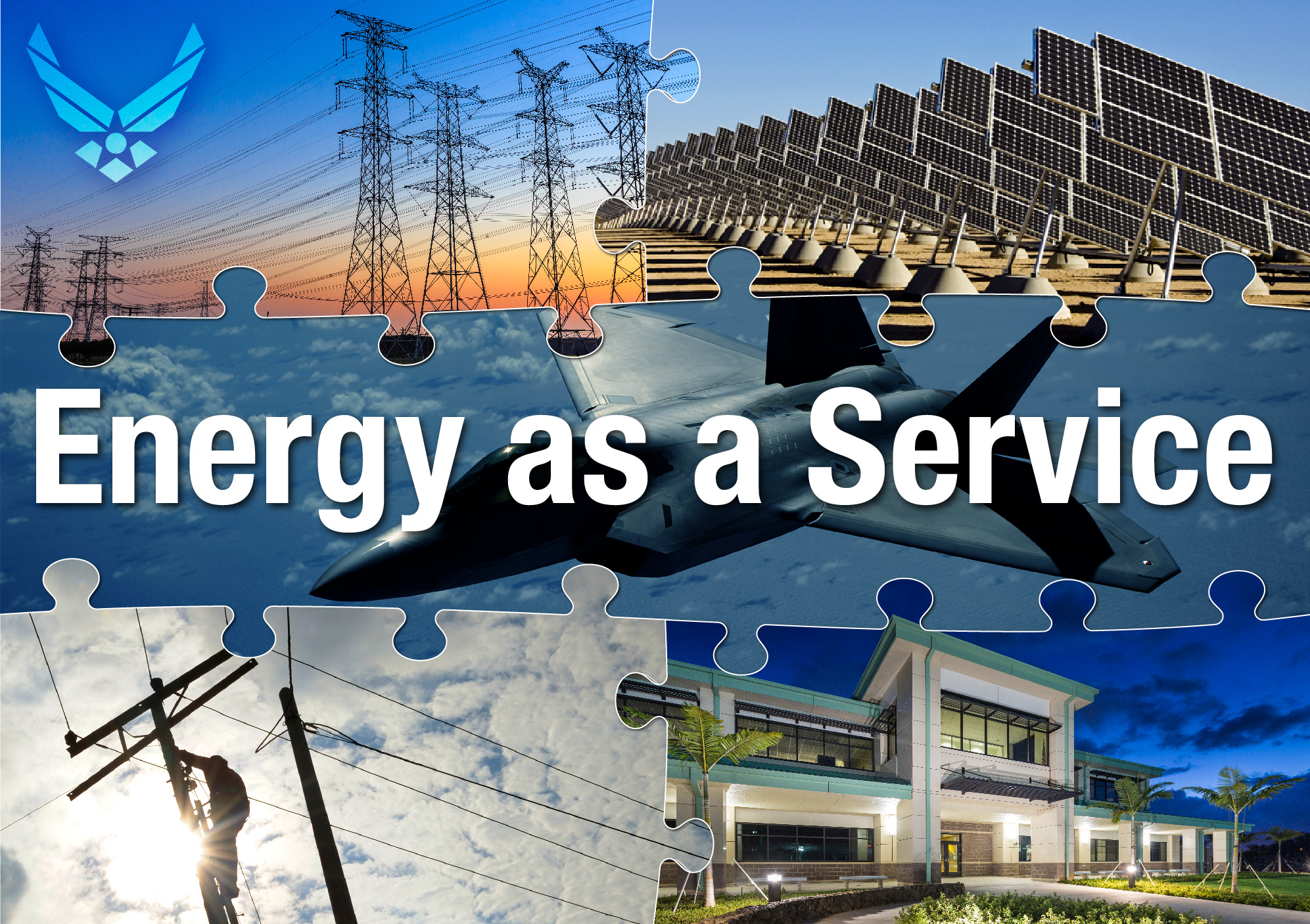 Puzzle Graphic with images of energy including solar array, power lines, and lit building with the phrase Energy as a Service Puzzle Graphic with images of energy including solar array, power lines, and lit building with the phrase Energy as a Service