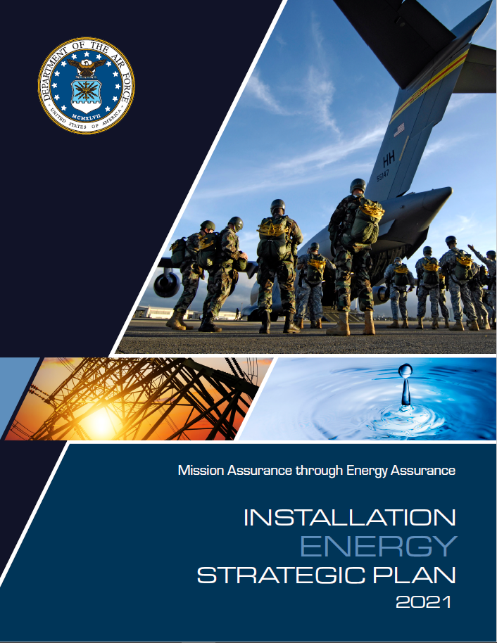 Installation Energy Strategic Plan front cover featuring airman, a water droplet, and power lines 